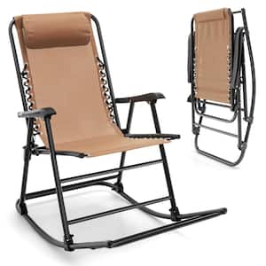 Beige Metal Folding Zero Gravity Outdoor Rocking Chair with Headrest