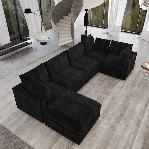 134 in. Square Arm Chenille 6-Piece Modular Free Combination Convertible Sectional Sofa with Movable Covers in Black
