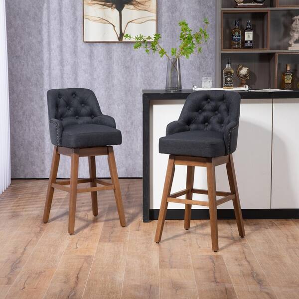 Noble House Hindan 27.95 in. Black Solid Wood Upholstered Counter Stool with Tufted Backrest, Set of 2