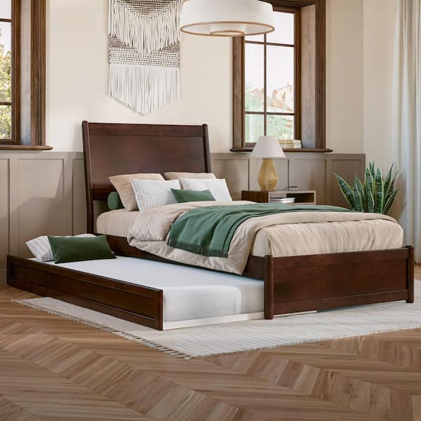 Casanova Walnut Brown Solid Wood Frame Twin XL Platform Bed with Panel Footboard and Twin XL Trundle