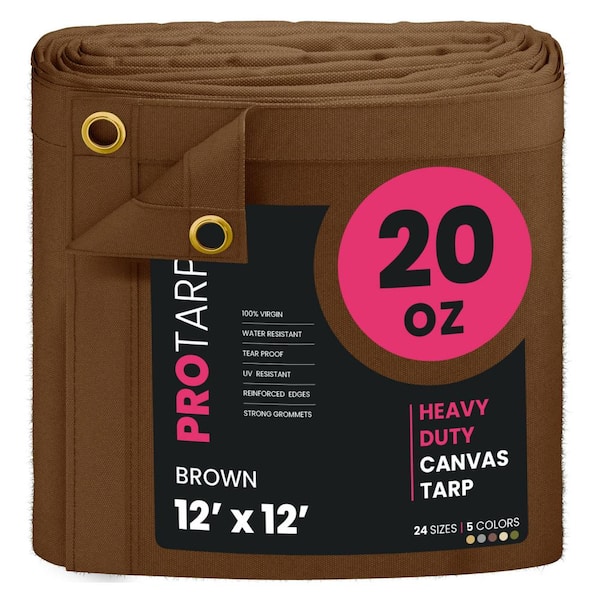 PROTARP Extreme Heavy Duty 20 OZ Water Resistant Canvas Tarp, UV Resistant Tarpaulin Cover Brown 12 ft. x 12 ft.
