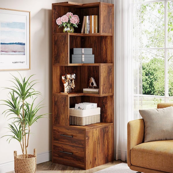 BYBLIGHT Eulas 66.9 in. Tall Brown Engineered Wood 4-Shelf Vintage Standard Bookcase Corner Bookshelf with 2-Drawers