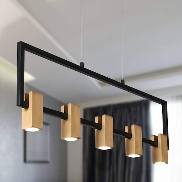 24W Integrated LED 5-Light Brass Linear Chandelier Modern Black Kitchen Island Pendant Light Farmhouse Light Fixture