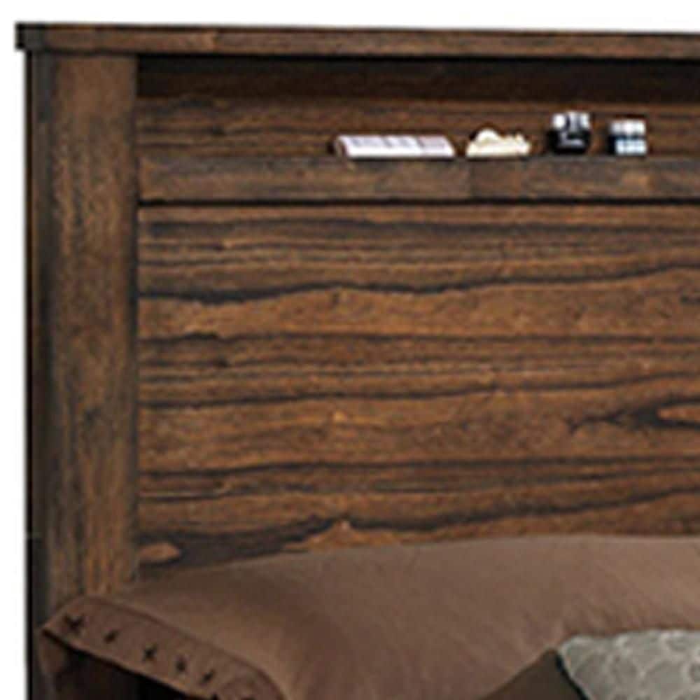 Oak Queen Bed with Storage and Upholstered Headboard