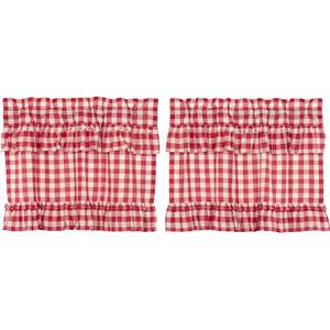Annie Buffalo Check Red White 36 in. x 24 in L. Ruffled Cotton Light Filtering Rod Pocket Window Curtain Panel Pair