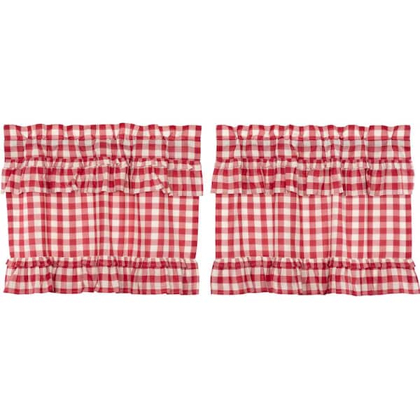 VHC BRANDS Annie Buffalo Check Red White 36 in. x 24 in L. Ruffled Cotton Light Filtering Rod Pocket Window Curtain Panel Pair