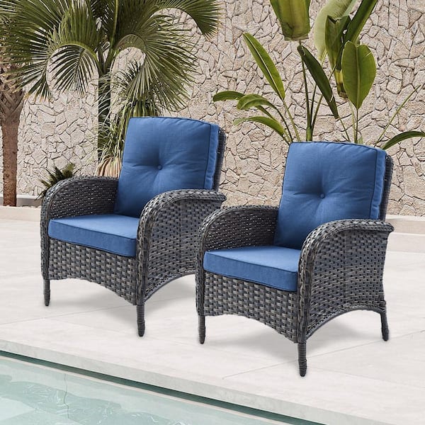 Opohoro PlainCurve Metal and Brown Wicker Outdoor Lounge Chair with Olefin Navy Blue Cushions (2-Pack)