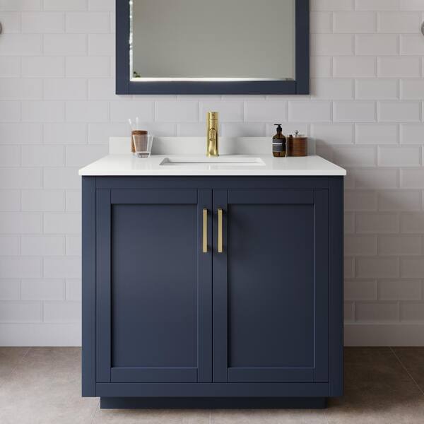 Wyndham Collection Miranda 36 in. W x 22 in. D x 33.75 in. H Single Bath Vanity in Dark Blue with White Quartz Top