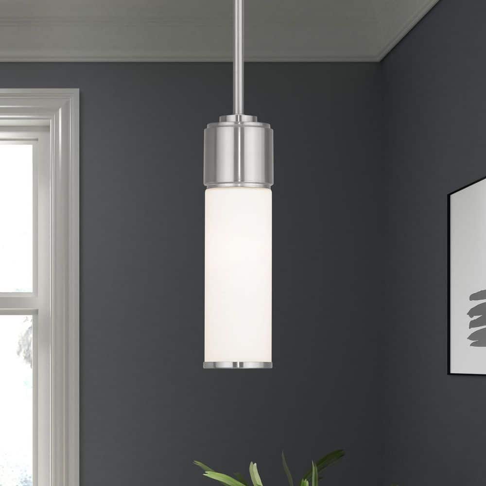 Elegance Brushed Nickel 1-Light Mini Pendant with Satin Opal White Glass