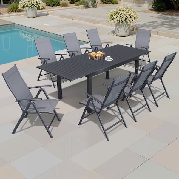 Pellebant 9-Piece Aluminum 6-8 Person Rectangle Extension Outdoor Patio Dining Set with Gray Adjustable Backrest Metal Chair