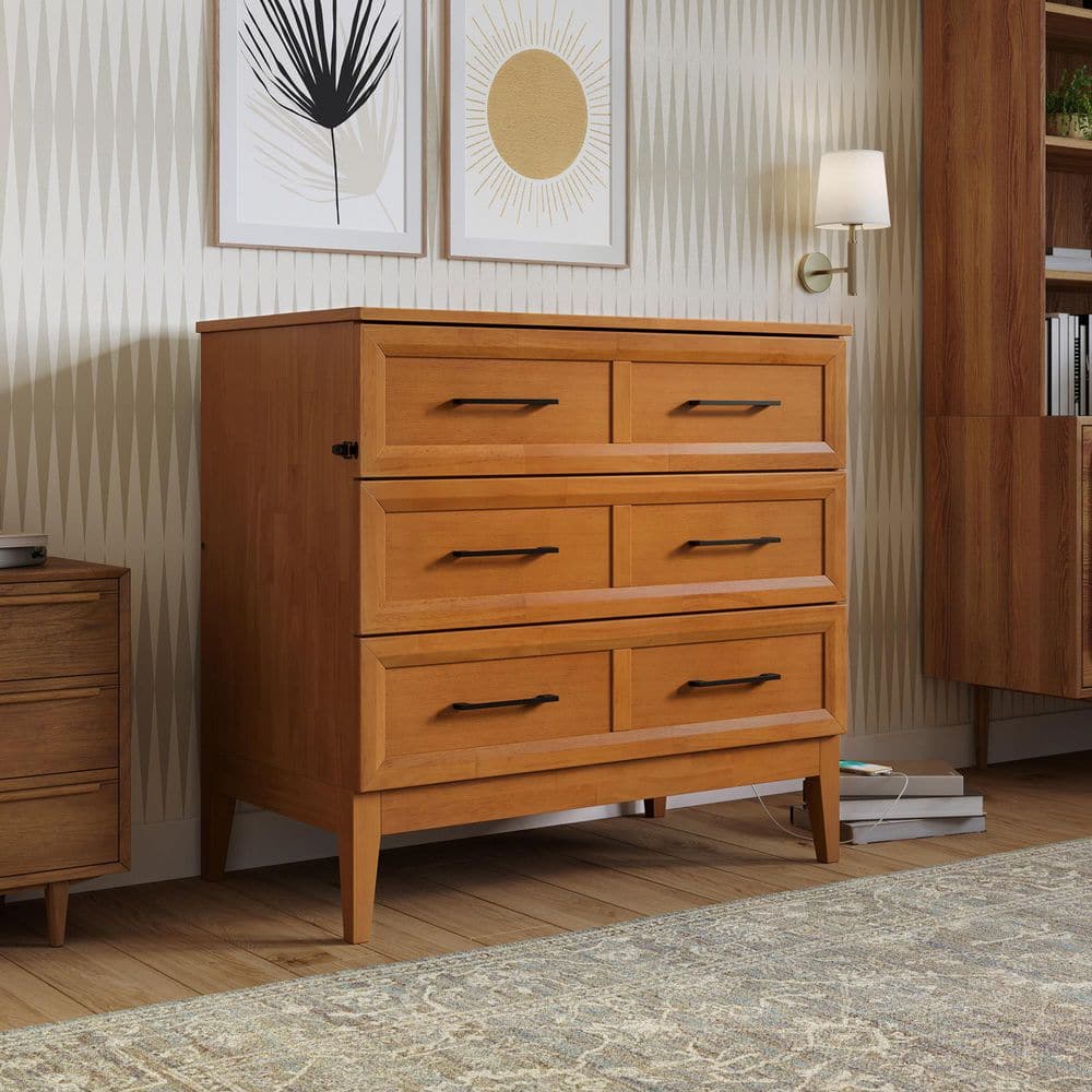 Santa Fe Light Toffee Twin Wood Murphy Bed Chest with Mattress and Charger
