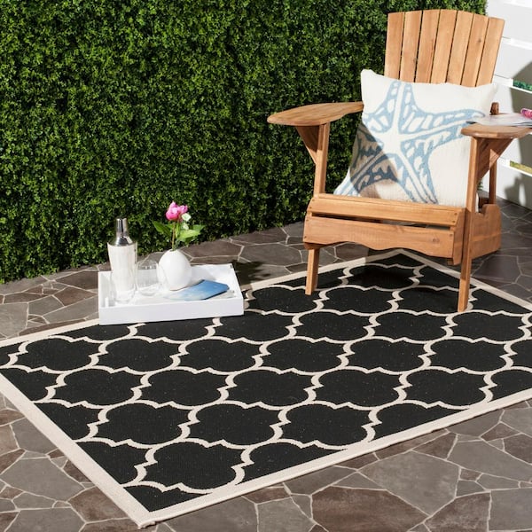Courtyard Black/Beige 4 ft. x 4 ft. Square Geometric Indoor/Outdoor Patio  Area Rug