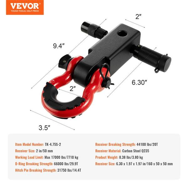 thumbnail image 2 of VEVOR Shackle Hitch Receiver - 2 Inch Receiver, 66000 Lbs Strength, Heavy Duty Towing & Recovery 2 of 8