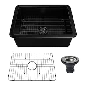 27 in. Undermount Single Bowl Black Fine Fireclay Kitchen Sink with Bottom Grid and Strainer Basket