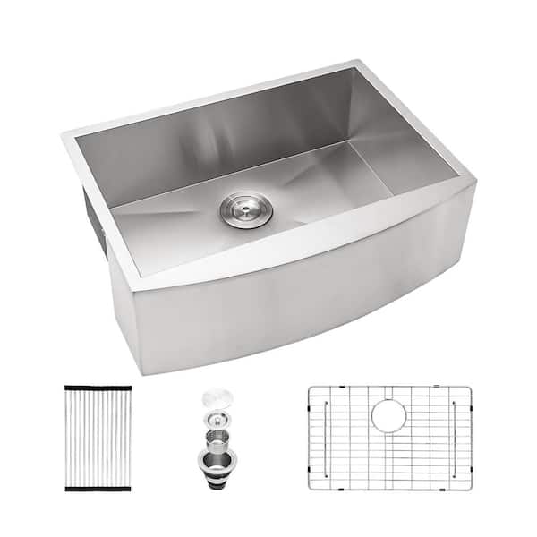 JimsMaison 24 in. Farmhouse Apron Single Bowl Brushed Nickel Stainless Steel Kitchen Sink with Bottom Grid