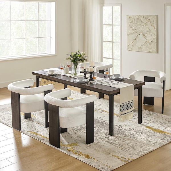 Emanuele Modern Ivory Boucle Dining Chair with Solid Wood Legs Set of 4