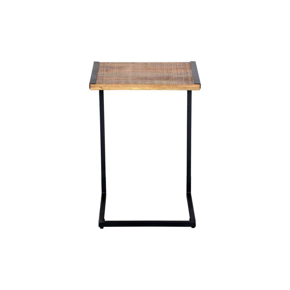 C-Shaped Mango Wood and Metal End Table, Brown and Black