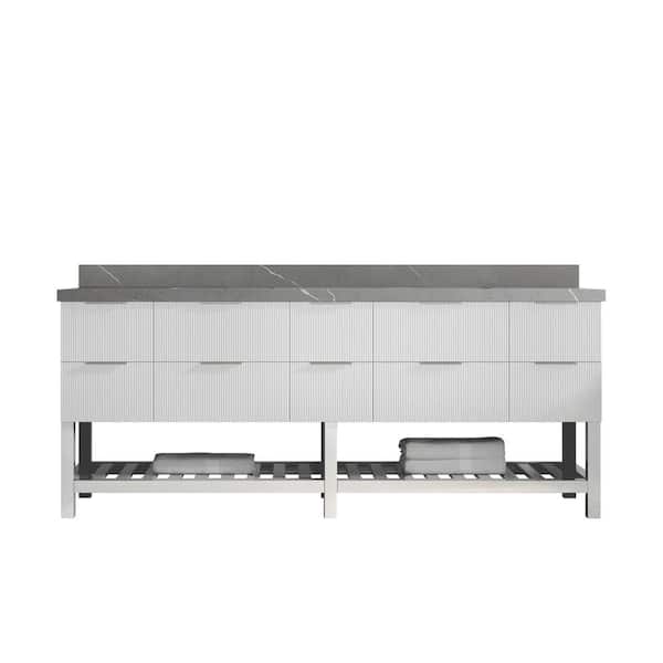 Willow Collections Catalina 84 in. Double Sink Freestanding Fine Grain Bath Vanity with Piatra Gray Qt. Top Unassembled