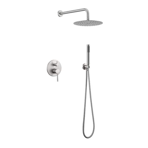 2-Spray Patterns 10 in. Wall Mounted Dual Shower Heads with Hand Shower in Brushed Nickel (Valve Included)