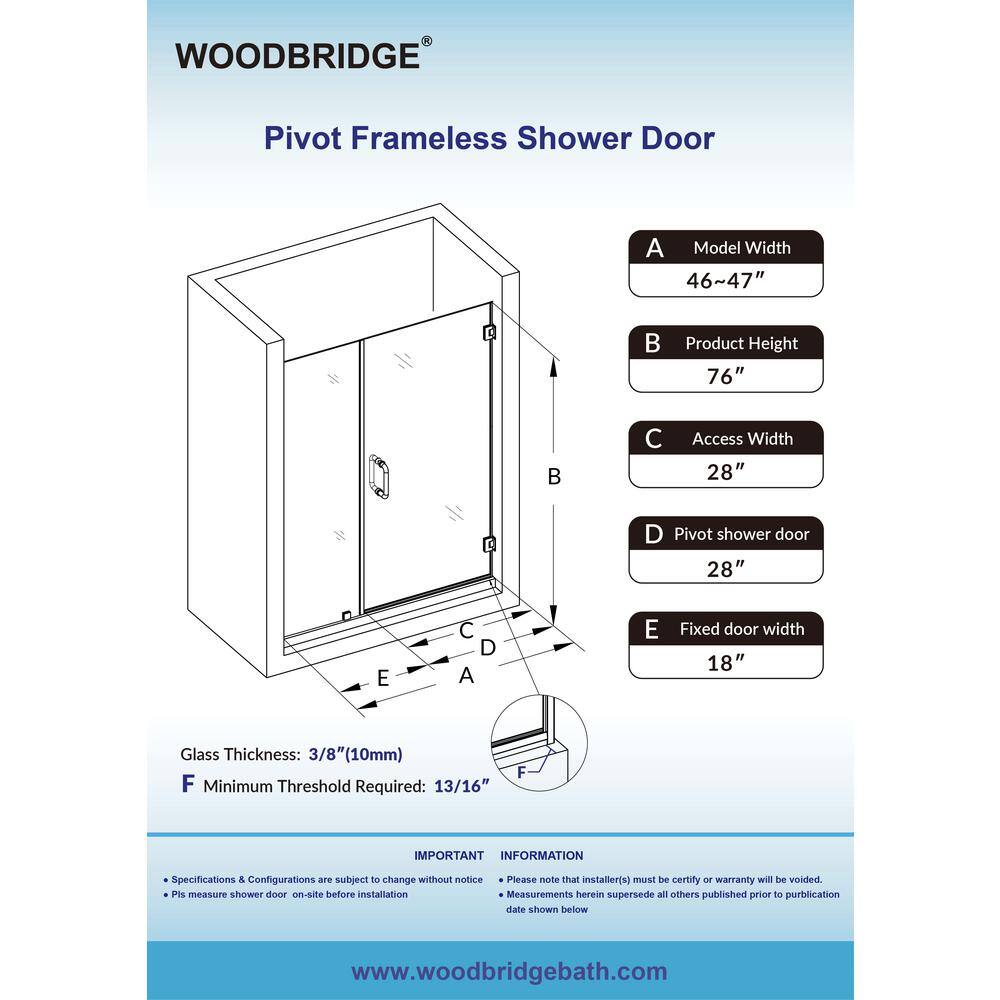47" Chrome Frameless Pivot Shower Door with Clear Tempered Glass