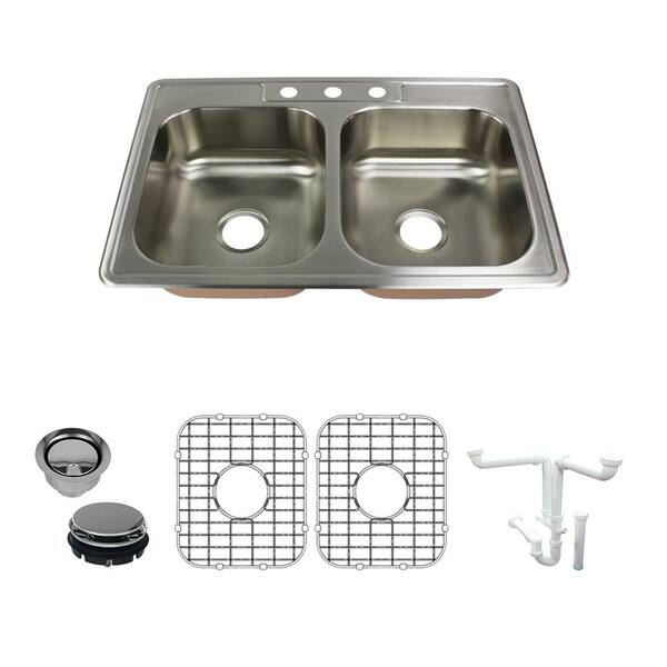 Transolid Classic All-in-One Drop-In Stainless Steel 33 in. 3-Hole 50/50 Double Bowl Kitchen Sink in Brushed Stainless Steel