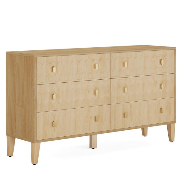 BYBLIGHT Helotes Oak 6-Drawer 55.12 in. Elegant Chest of Drawers with Metal Handle and Legs for Bedroom, Living Room