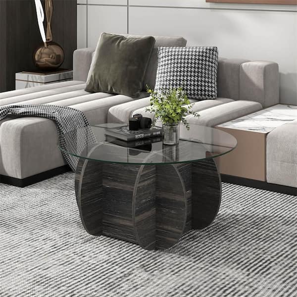 35 in. Dark Rustic Oak Round Glass Coffee Table Modern Accent Table with Tempered Glass Top for Living Room