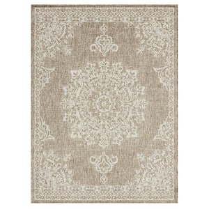 Patio Country Azalea Taupe/Ivory 5 ft. x 7 ft. Medallion Indoor/Outdoor Area Rug
