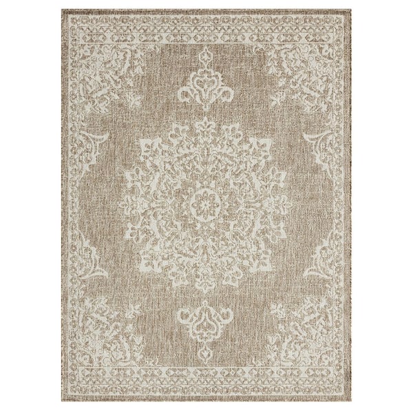 Patio Country Azalea Taupe/Ivory 5 ft. x 7 ft. Medallion Indoor/Outdoor Area Rug