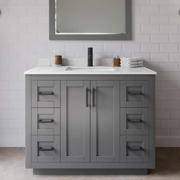 Wyndham Collection Miranda 42 in. W Single Bath Vanity in Dark Gray with Cultured Marble Vanity Top in Light-Vein Carrara with White Basin