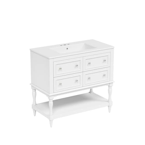 36 in.  White Solid Wood Freestanding Bathroom Vanity with 4-Drawers and Undermount Ceramic Sink