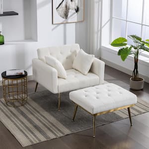 Ivory Sherpa Upholstered Accent Chair with 3-Positions Adjustable Backrest, Modern Arm Chair and Ottoman Set