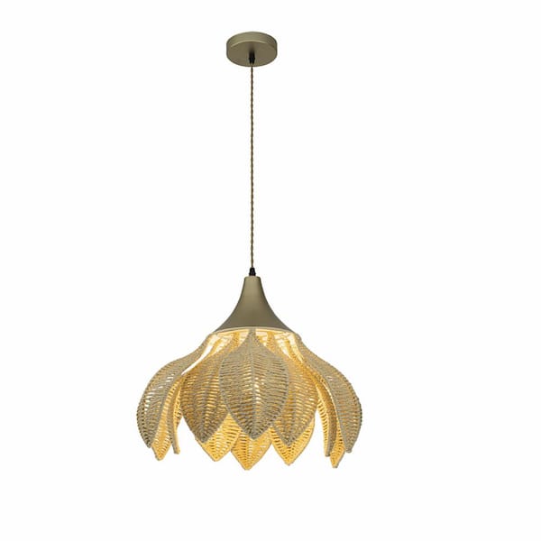 Yume 60 Watt 20 in. 1-Light Gold Natural Coastal Boho Lotus Pendant Light for Dining Room with Rattan Shade