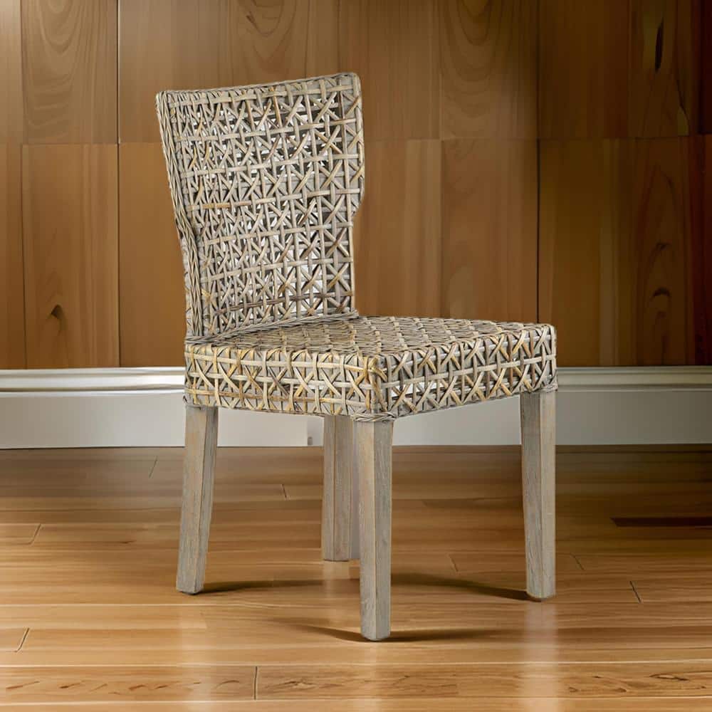 Benjara Weathered Gray Dining Chair with Woven Rattan
