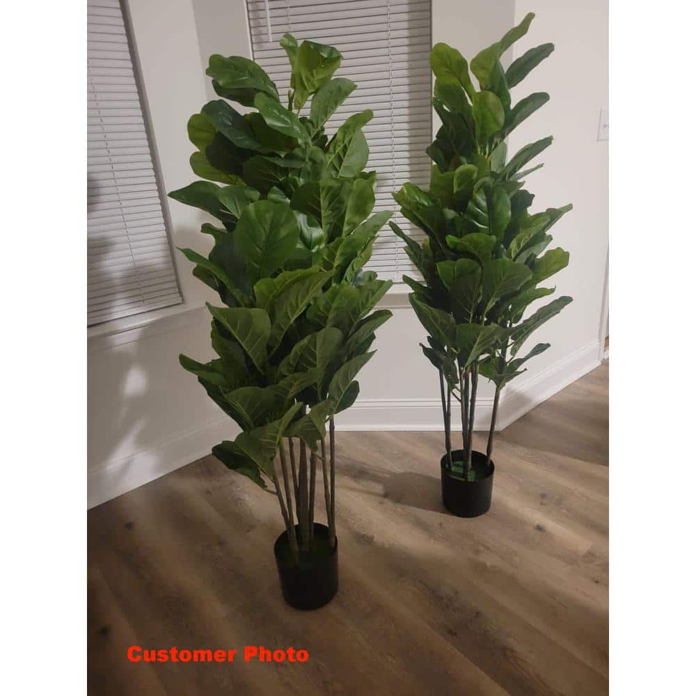 51-Inch Green Artificial Fiddle Leaf Fig Tree in Black Pot, Set of 2