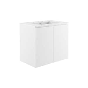 Bryn 30 in. Wall-Mount White Ceramic Bathroom Rectangular Vessel Sink with Integrated Countertop
