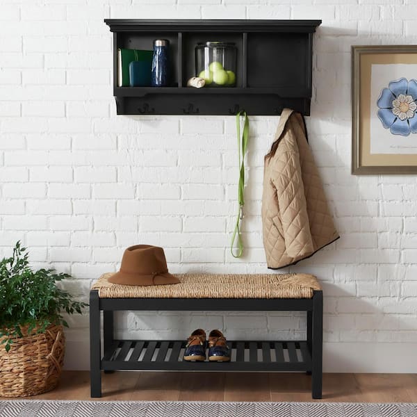 StyleWell 16.14 in. H x 36 in. W x 11 in. D Black Wood Floating Decorative Cubby Wall Shelf with 4 Hooks