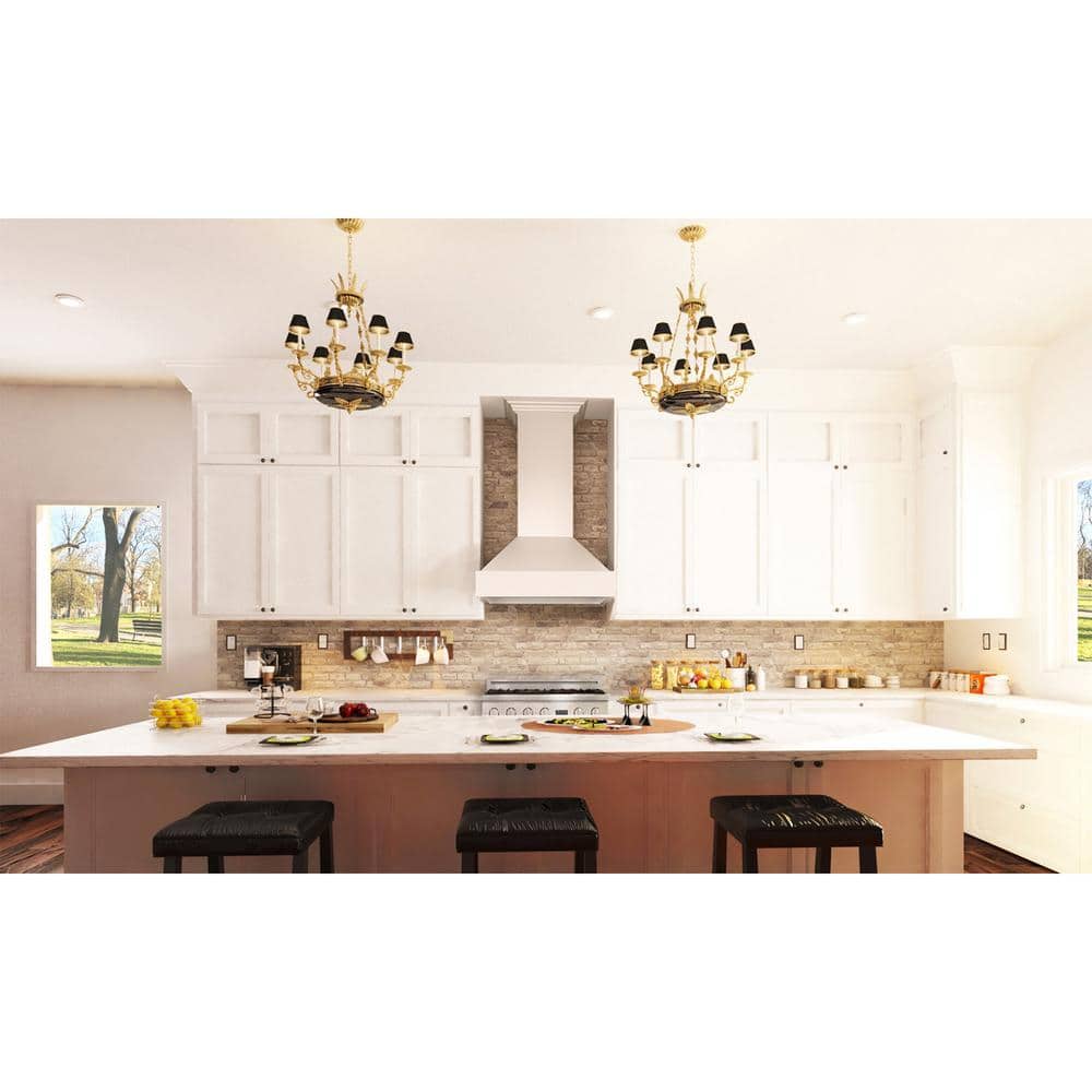36" Cottage White Wood Wall Mount Range Hood with Stainless Steel Insert