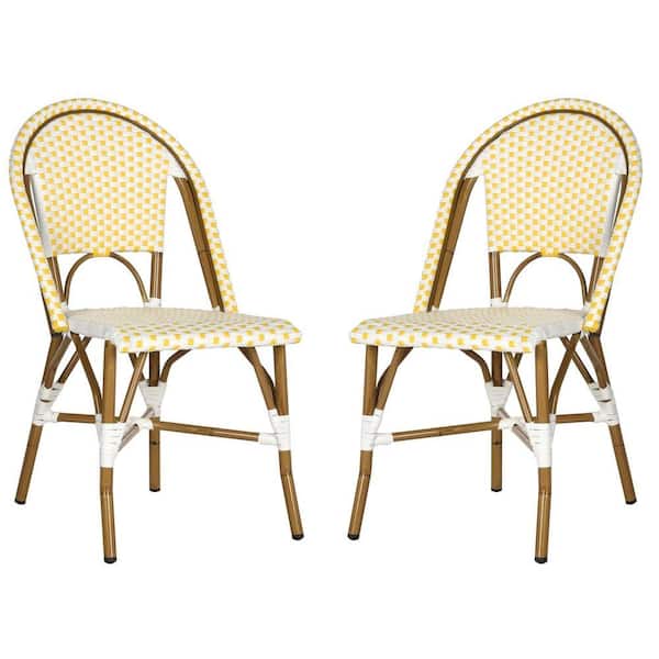 SAFAVIEH Salcha Yellow/White Stackable Aluminum/Wicker Outdoor Dining Chair (2-Pack)