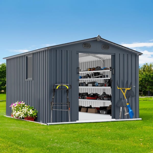 8 x 10 ft. Outdoor Storage Shed Large Metal Tool Sheds w/ Window and Lockable Doors, Garden Shed, Dark Grey (72 sq. ft.)