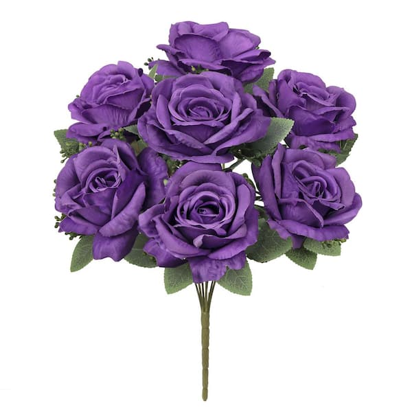 LIVING LUXURY 17 in. Deluxe Purple Artificial Elegant Rose Flower Stem Bush Bouquet (Set of 2)