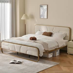 Cream White Frame King Size Soft Velvet Platform Bed with 10 in. Under Bed Storage Supported by Metal and Wooden Slats