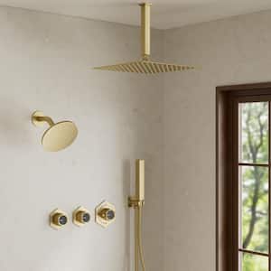 Thermostatic Valve 5-Spray 12 and 6 in. Shower Faucet 2.5 GPM with 2-Function Handheld Shower in Brushed Gold