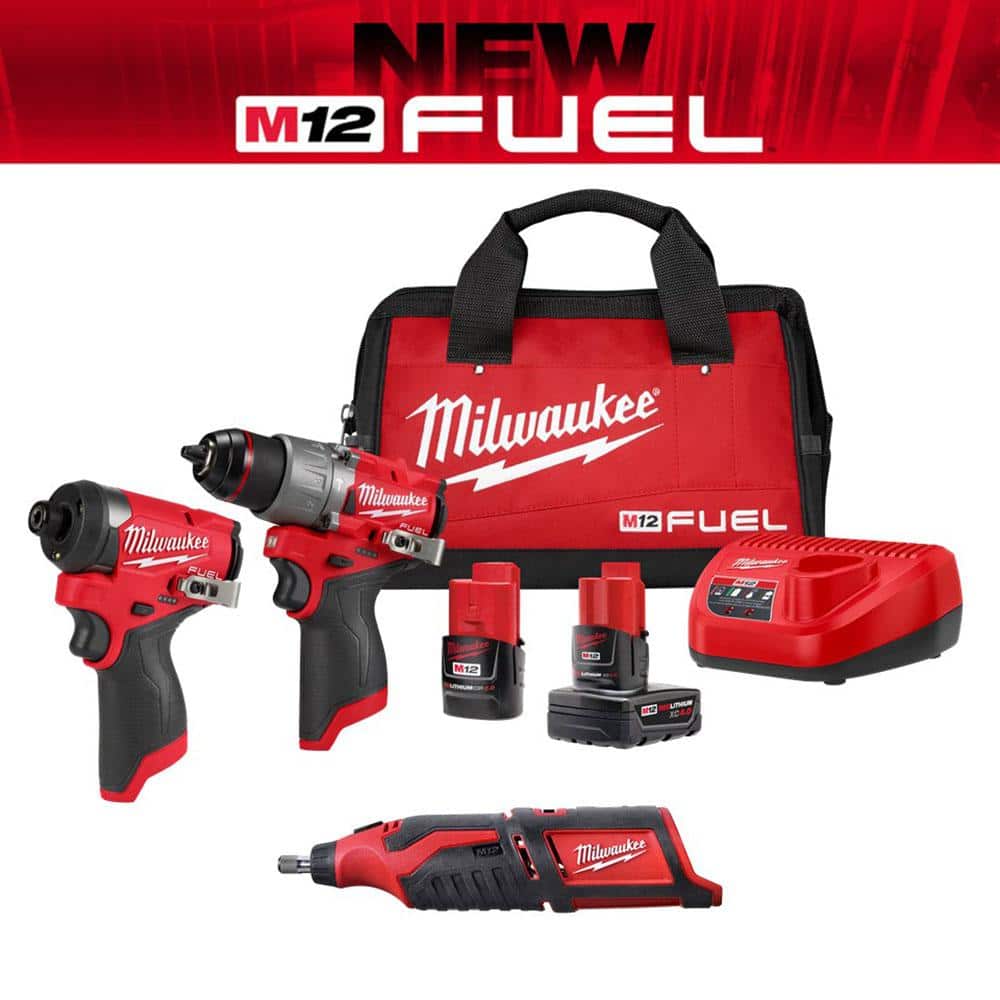Milwaukee M12 FUEL 12-Volt Lithium-Ion Brushless Cordless Hammer Drill and Impact Driver Combo Kit (2-Tool) with Rotary Tool