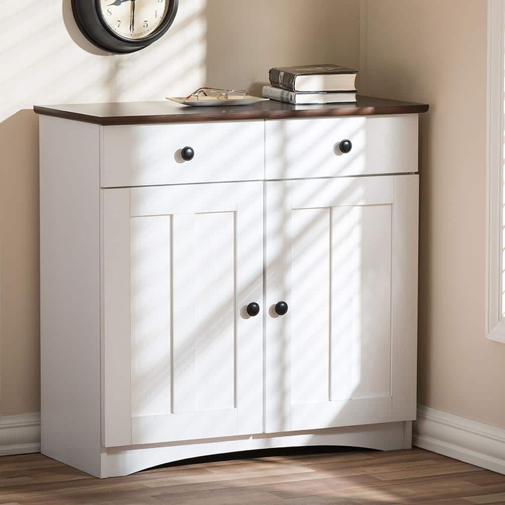 Lauren White and Dark Brown Buffet Kitchen Cabinet with Two Doors and Drawers