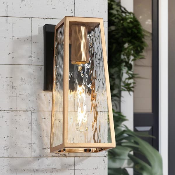 LNC Modern Outdoor Wall Sconce 1-Light Satin Gold and Textured Black Outdoor Wall Lantern with Water Glass Shade