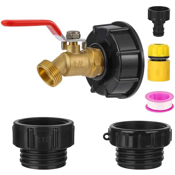 275-330 Gallon IBC Tote Hose Adapter Kit, 3-Thread High-Flow Brass Valve, Black/Red, 6-Piece