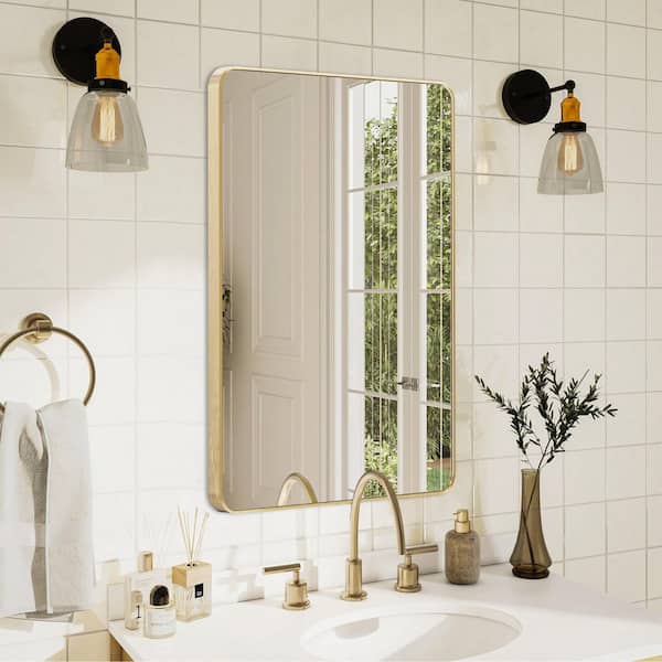20 in. W x 30. 2 in. H Rectangular Aluminum Frame Square Gold Wall Mirror