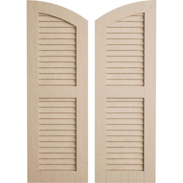 Ekena Millwork 12 in. x 86 in. Polyurethane Rough Cedar Two Equal Louver with Elliptical Top Faux Wood Shutters (Per Pair), Primed Tan