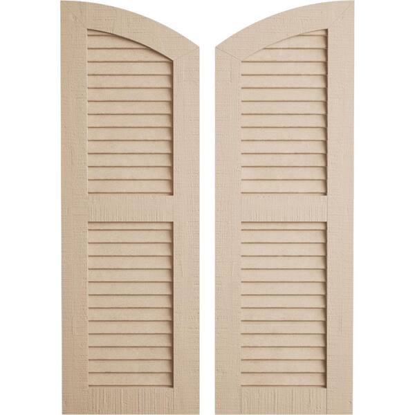 Ekena Millwork 18 x 50 in. Timberthane Polyurethane Rough Cedar 2-Equal Louvered with Elliptical Top Faux Wood Shutters Pair in Primed